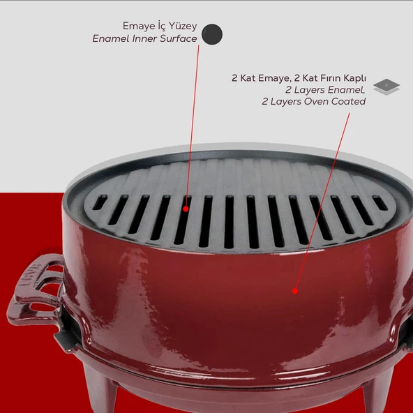 Lava Döküm Yuvarlak Mangal Izgara Set Döküm Demir Yekpare Çift Kulplu Çap (Ø)36cm.-Bordo - 6