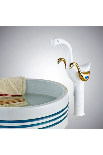 OEM Banyo Çanak Lavabo Bataryası Kuğu Beyaz Gold Yeni Tasarım 7 Yıl Garantili İthal - Resim 3