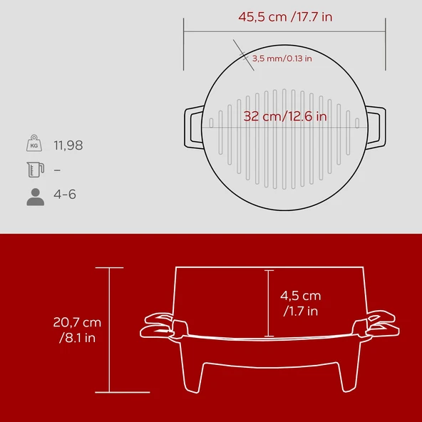 Lava Döküm Yuvarlak Mangal Izgara Set Döküm Demir Yekpare Çift Kulplu Çap (Ø)36cm.-Bordo - 5