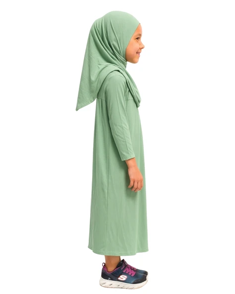 Penye Kendinden Başörtülü Çocuk Namaz Elbisesi Açık Yeşil/ 6-7-8 yaş - 3