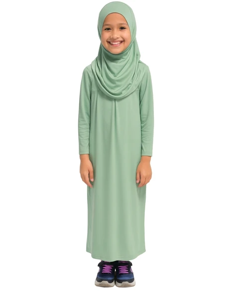 Penye Kendinden Başörtülü Çocuk Namaz Elbisesi Açık Yeşil/ 6-7-8 yaş - 1