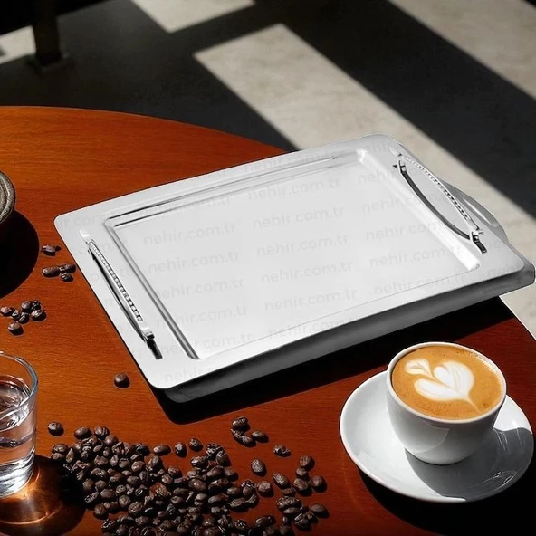 Nehir rana paslanmaz çelik tepsi kahve tepsisi - servis tepsisi 36x26 cm.