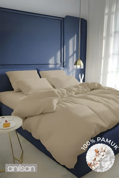 Düz Bej Tek Kişilik Lastikli Çarşaf Düğmeli Nevresim Takım %100 Pamuk 1 Adet Yastık Kılıf, 63tel