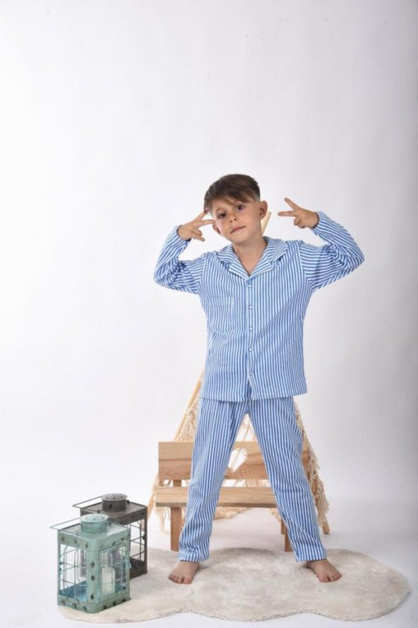 Lemoon Çizgili Düğmeli Çocuk Pijama Takımı