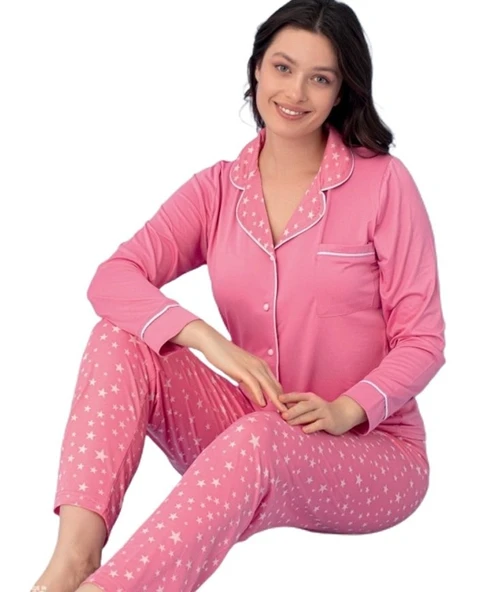 Uzun Kol Düğmeli Kadın Pijama Takımı S/2XL Alessia Notte Ev Giyim Hediyelik ürün görseli