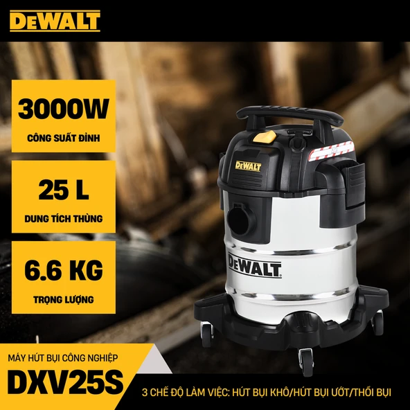 DEWALT DXV25S 1050W 25LT Paslanmaz Islak ve Kuru Elektrikli Süpürge ürün görseli