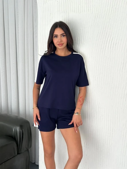 Osy Modal Yumuşak Dokulu Kumaş Parçalı Bisiklet Yaka T-shirt Kısa Şort İkili Takım - Mavi - Resim 4