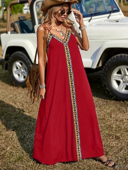 Kadın Askılı V Yakalı Etnik şerit Detaylı Uzun Viskon Elbise - Resim 2