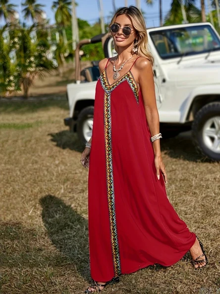 Kadın Askılı V Yakalı Etnik şerit Detaylı Uzun Viskon Elbise - Resim 6