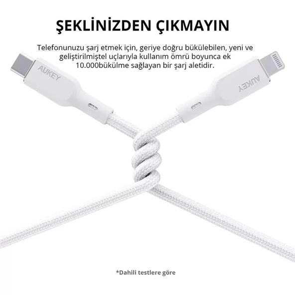 Aukey Cb-ncl1-wh Naylon Örgülü 3a 480mbps Type-c Lıghtnıng Kablosu 1.8mt - 2