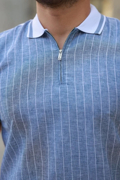 Erkek Fermuar Yakalı çizgili Kısa Kollu Tişört - Resim 3