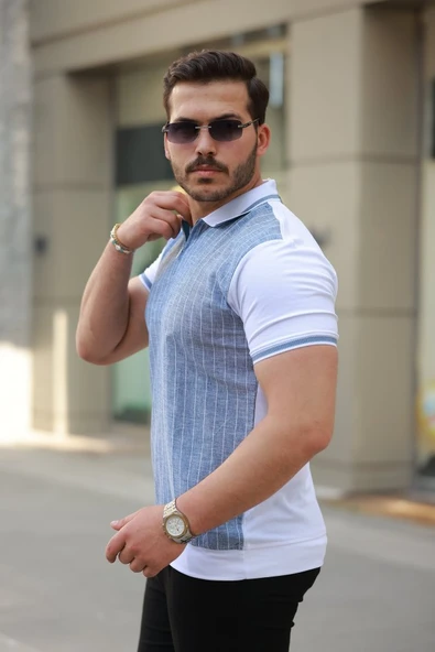 Erkek Fermuar Yakalı çizgili Kısa Kollu Tişört - Resim 2