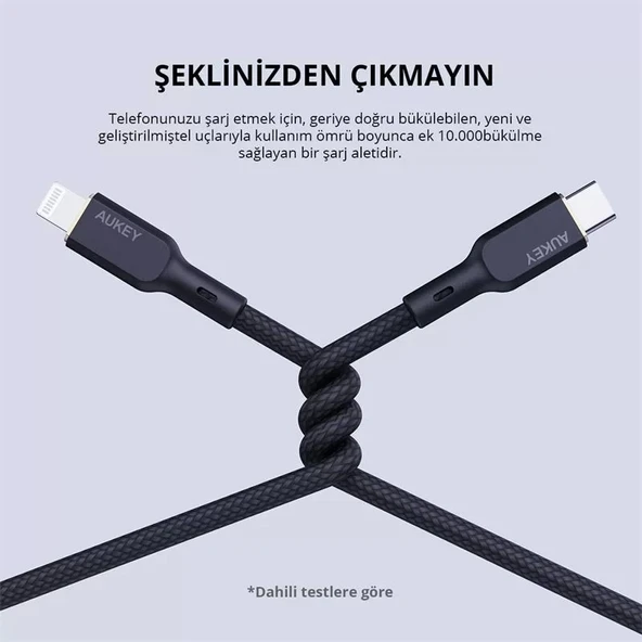 Aukey Cb-ncl1-bk Naylon Örgülü 3a 480mbps Type-c Lıghtnıng Kablosu 1.8mt - Resim 3