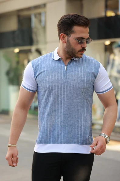 Erkek Fermuar Yakalı çizgili Kısa Kollu Tişört ürün görseli