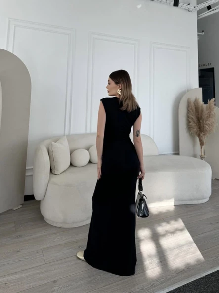 Kolsuz Uzun Likralı Elbise - Siyah - 3