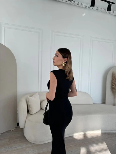Kolsuz Uzun Likralı Elbise - Siyah - 2