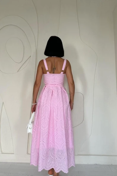 Pembe Askılı Aparatlı Brode Elbise - Resim 4