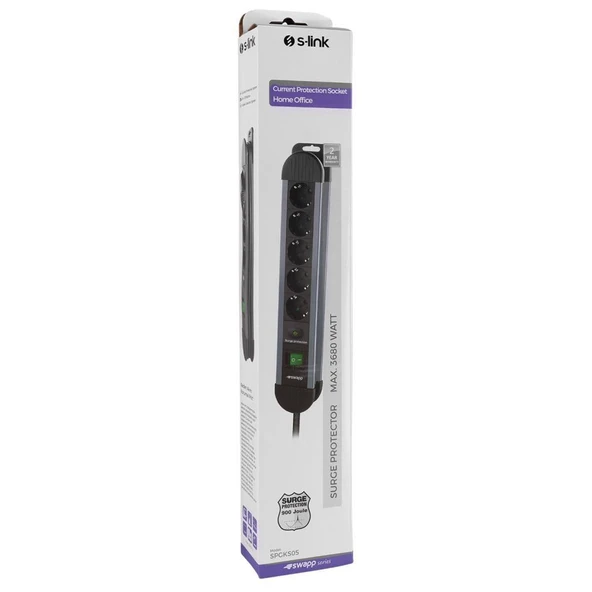 S-link SPGKS05 1.5m 3G1.5mm2 900 Joule 5Li Akım Kor. Gri Priz Çoklayıcı - 5