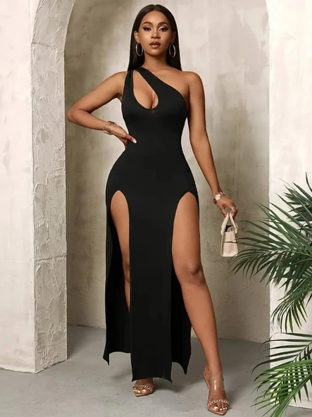 Kadın Tek Omuzdan Açık Damla Detaylı Yırtmaç Detaylı Uzun Janjan Krep Elbise - Resim 2