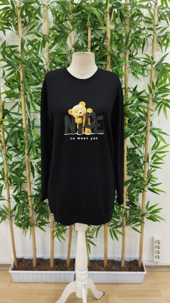 Kadın Uzun Kollu Bisiklet Yaka Ayı Desenli Viskon Iki Iplik Elbise - Resim 4