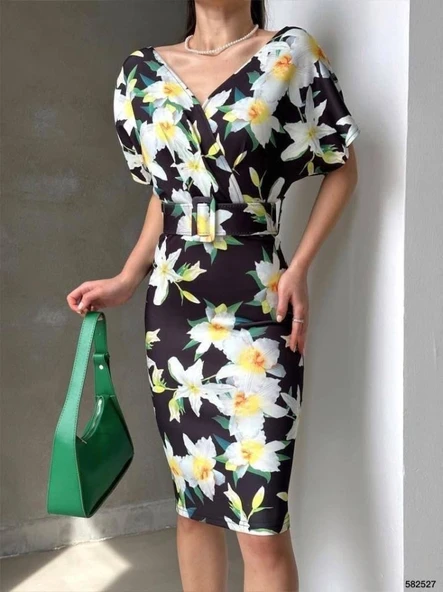 Kadın Dalgıç Kumaş V Yaka çiçek Desenli Kuşaklı Kalem Elbise - Resim 2