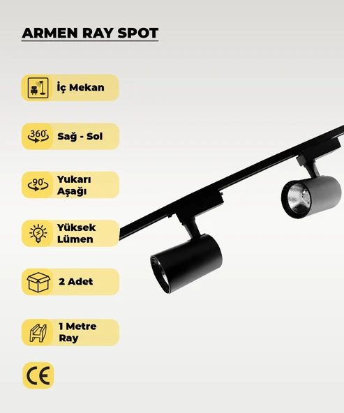 Armen 2 Adet Siyah Kasa Günışığı Ray Spot Set  ve 1 Metre Ray Set - 1
