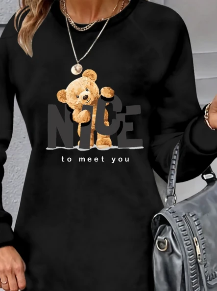 Kadın Uzun Kollu Bisiklet Yaka Ayı Desenli Viskon Iki Iplik Elbise - Resim 2