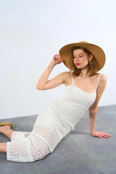 Ajurlu Astarlı Elbise - Ekru ürün görseli