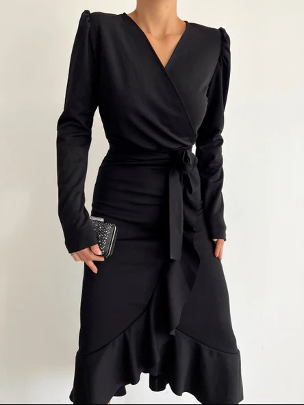 Krep Kumaş Midi Boy Kuşaklı Uzunkol Elbise 113 Cm - Resim 12