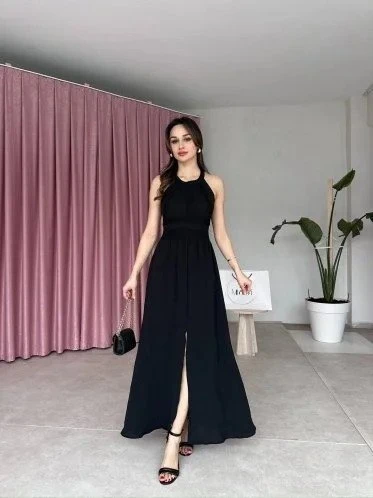 Kadın Krinkil Kumaş Beli Gipeli Halter Yaka Maxi Boy Elbise - Resim 3