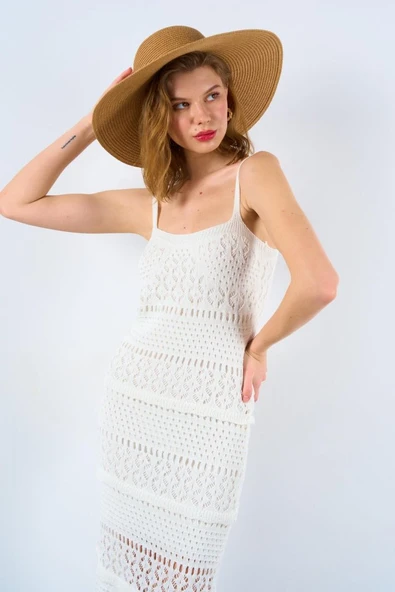 Ajurlu Astarlı Elbise - Ekru - Resim 4