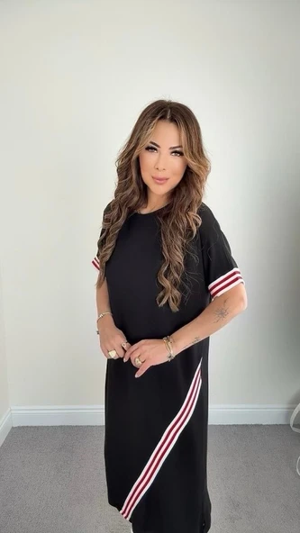 Kadın Kol Ve Etek şerit Detaylı Midi Boy Elbise - Resim 2