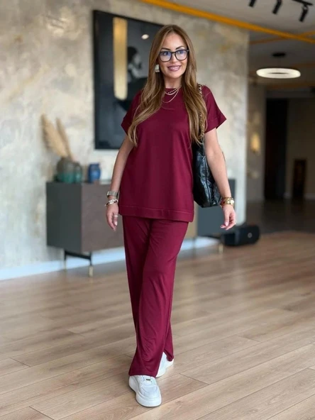 Kadın Kısa Kollu Bisiklet Yaka Viskon Iki Iplik Bluz Ve Pantolon Ikili Takım - Resim 4