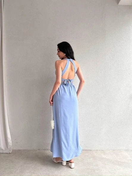 Kadın Krinkil Kumaş Beli Gipeli Halter Yaka Maxi Boy Elbise - Resim 2