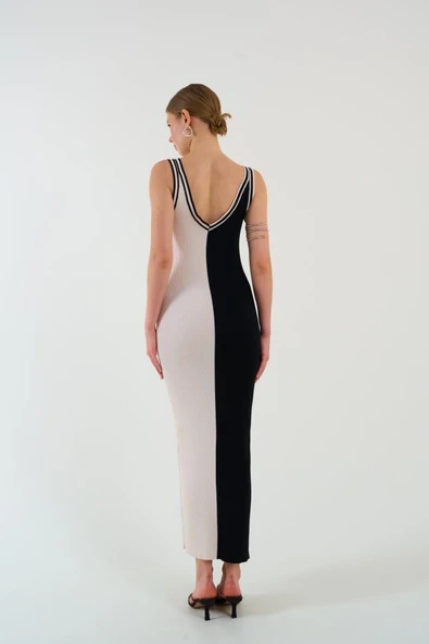 İki Renki Kolsuz Elbise - Siyah-Krem - Resim 5