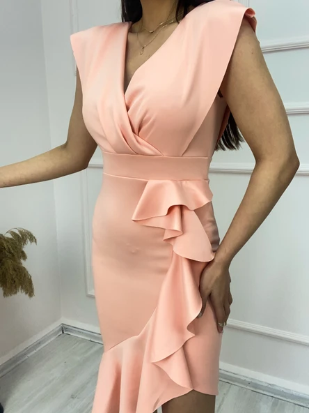 Scuba Kumaş Önü Fırfırlı Midi Boy Elbise - Resim 6