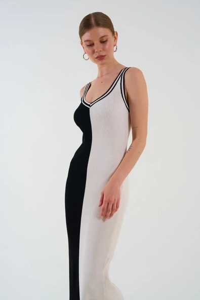 İki Renki Kolsuz Elbise - Siyah-Krem - Resim 3