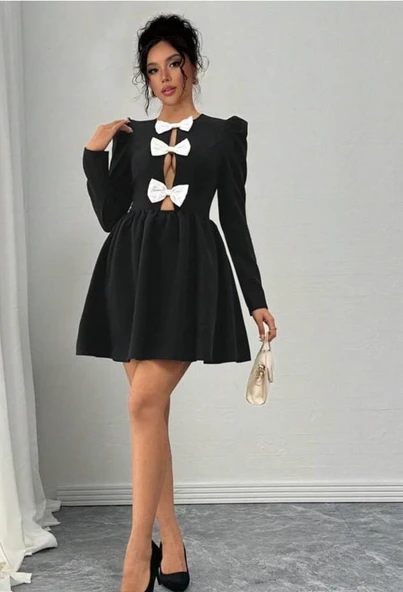 Kadın Dalgıç Kumaş Fiyonk Detaylı Uzun Kollu Mini Boy Elbise ürün görseli