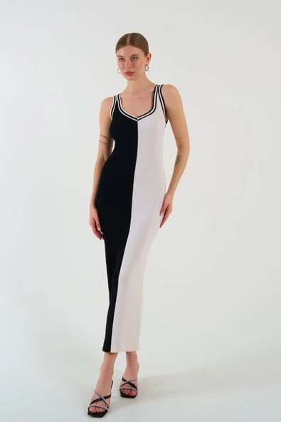 İki Renki Kolsuz Elbise - Siyah-Krem ürün görseli