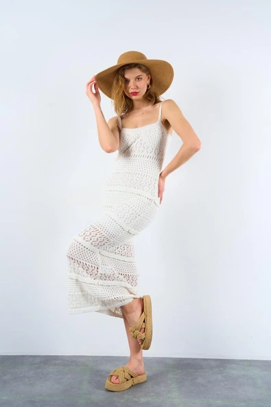 Ajurlu Astarlı Elbise - Ekru - Resim 3