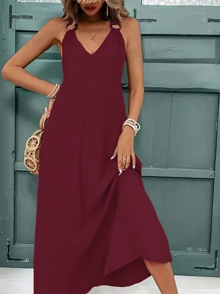 Kadın Askılı V Yakalı Halka Detaylı Maksi Boy Viskon Elbise ürün görseli