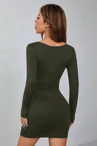 Kadın Uzun Kollu Kare Yaka Iç Göstermeyen Mini Elbise - Resim 3