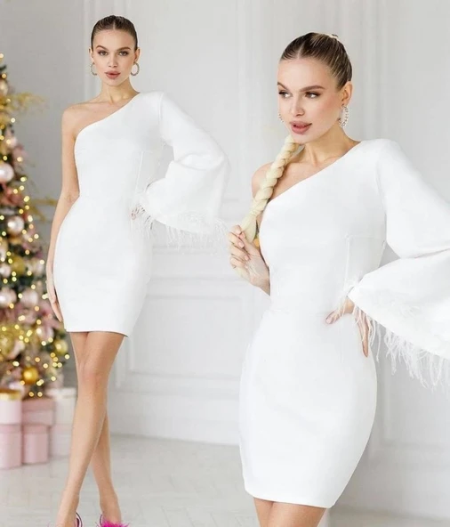 Kadın Kayık Yaka Kolu Salaş Püskül Detay Kalem Mini Elbise - Resim 2