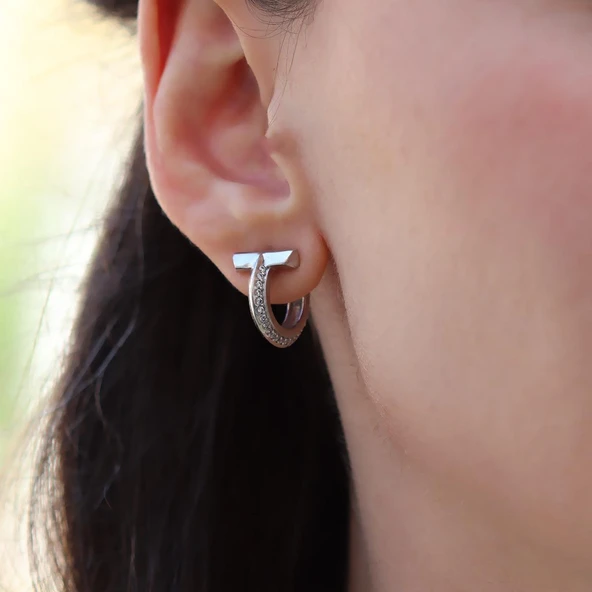 Yarı Taşlı T Halka Gümüş Küpe - Resim 7