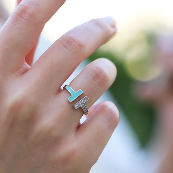 Turkuaz Mineli  T Gümüş Yüzük - Resim 2