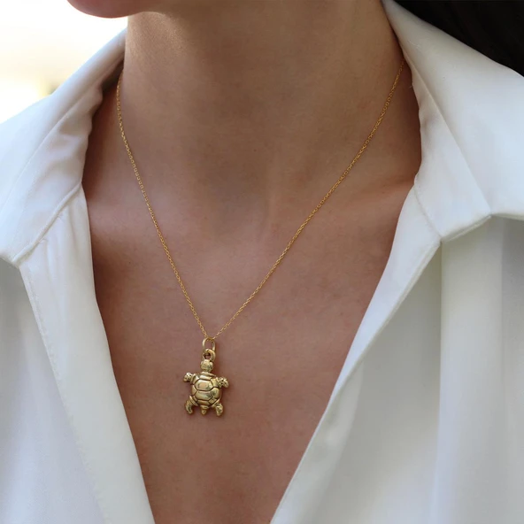 Kaplumbağa Bombeli Gold Gümüş Kolye - Resim 3