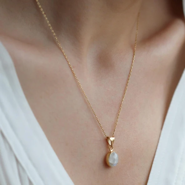 Sedef Doğal Taş Gold Kaplama  Gümüş Kolye - Resim 4