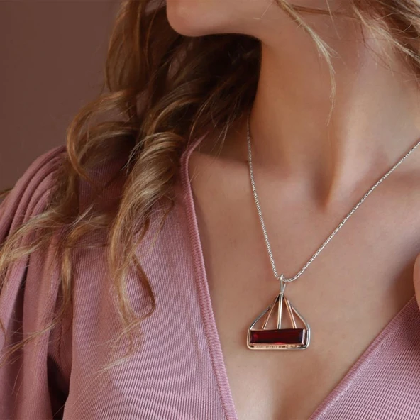 Lal Taşlı El İşli Otantik 925 Ayar Gümüş Kolye - Resim 2