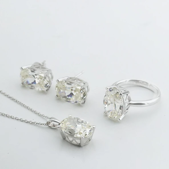 Oval Kesim Tek Taş Modeli  4,5ct 925 Ayar Gümüş Sky Diamond Set - Resim 5