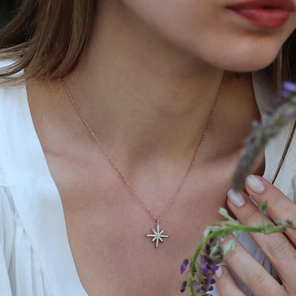 Kutup Yıldızı Zirkon Taşlı Rose Gold Kaplama Gümüş Kolye - Resim 2